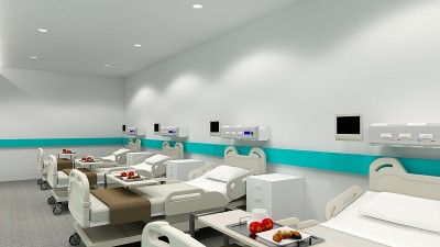 有床的病房。空床和轮椅护理诊所或医院。3d渲染房间和舒适。现代医院，保健理念。