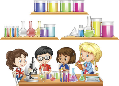 孩子们在做科学实验和烧杯