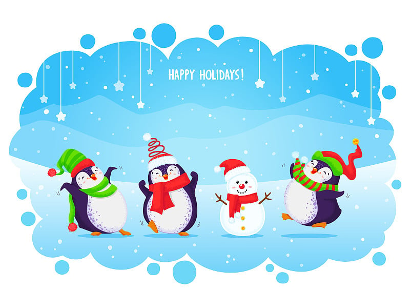 Vector holiday Christmas greeting card with cute c