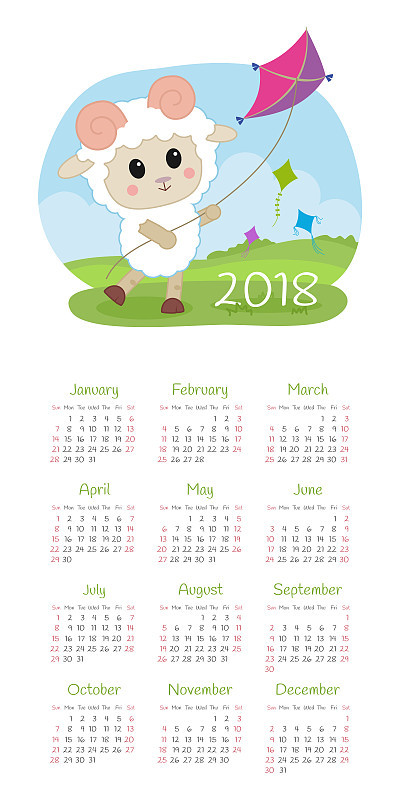 日历2018年。周日开始一周