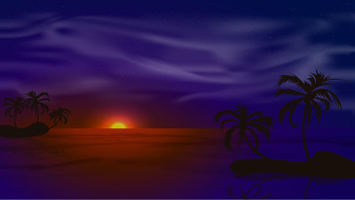 现实的热带日落在海边与棕榈树。欢迎来到天堂。夏天的背景。股票矢量插图深色背景。