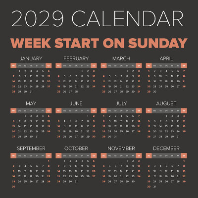 简单的2029年日历