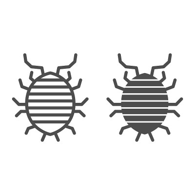 Woodlouse线和固体图标，bug概念，卷起来的bug标志在白色的背景，Sowbug图标轮廓风格