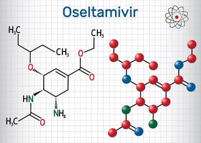 奥司他韦抗病毒药物分子。笼子里的一张纸。结构化学式和分子模型