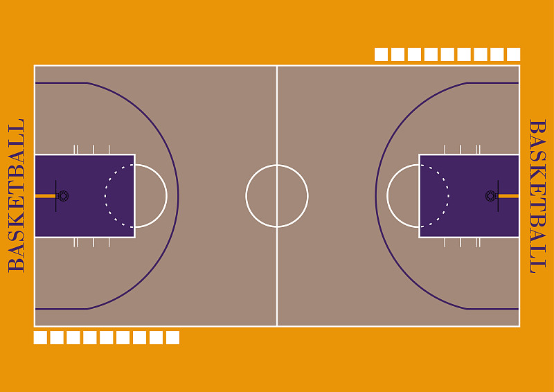 篮球场的颜色有紫色和黄色。篮球战术球场矢量设计。