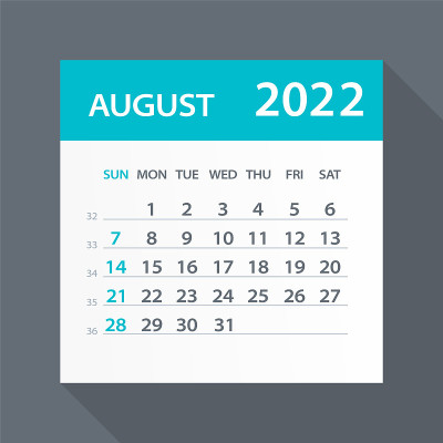 2022年8月日历绿叶-矢量插图