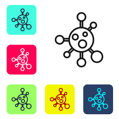 黑线分子图标孤立在白色背景上。化学分子结构，科学教师创新教育海报。设置图标的颜色方形按钮。向量