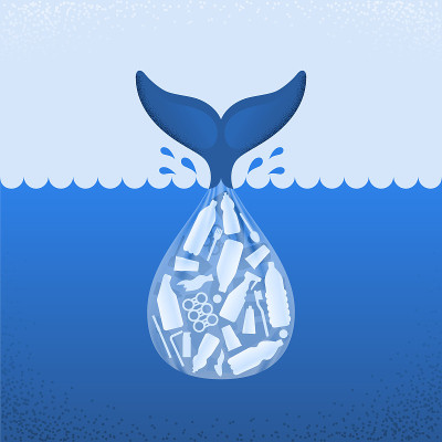 海洋塑料污染。生态的海报。鲸鱼的尾巴和袋子，塑料瓶子和垃圾在蓝色背景。塑料的问题。