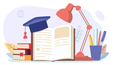 书籍和阅读设置台灯与打开的书籍和学生帽子在一个孤立的白色背景世界读书日平面卡通彩色矢量插图图书馆的书