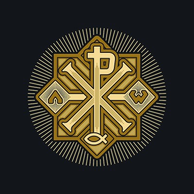 基督教的插图。耶稣基督的字母组合。永恒的象征是阿尔法和欧米加。鱼的标志是耶稣基督，上帝之子，救世主。