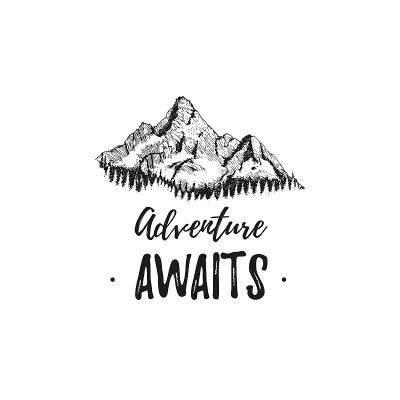 山地景观与字母冒险等待，手绘插图。山峰与森林，素描在矢量，用于旅游海报，标签等。