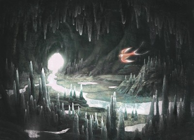 鸟瞰洞穴，绘画插画，超现实艺术作品，自由理念