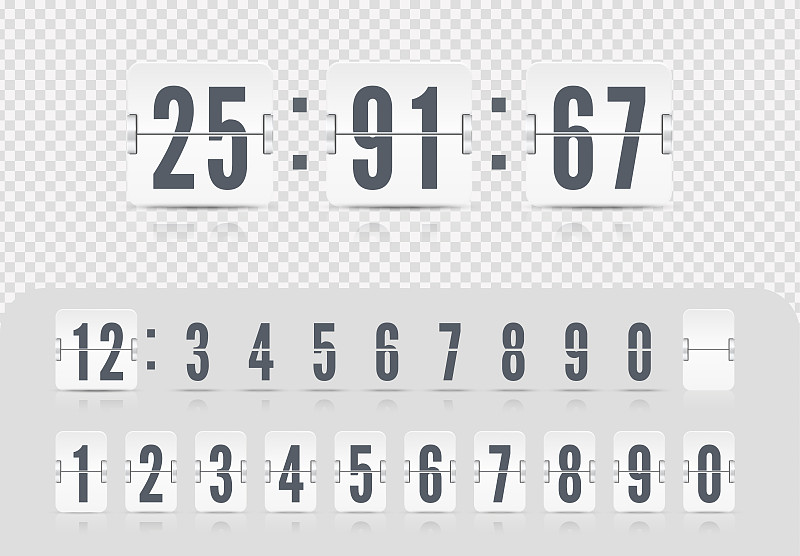 矢量插图模板。记分板号字体。白色翻转倒计时数。复古翻转时钟时间计数器。