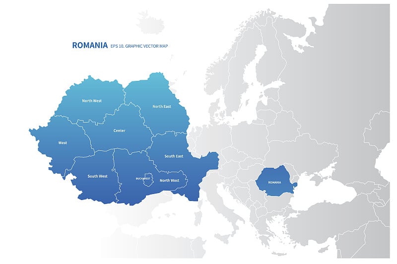 罗马尼亚的地图。欧洲罗马尼亚矢量地图