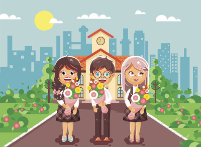 矢量插图人物儿童两女学生和男孩同学学生站在花束鲜花前建设知识日开始学习回到学校的扁平风格