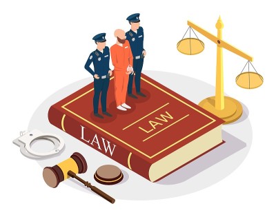 等距的逮捕罪犯与警察人物站在法律书，平面矢量插图。法律与公正党。