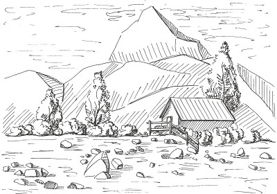 手绘山景。以山为背景的房子。矢量插图的草图风格。