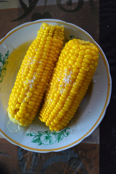 美味的黄色煮乌克兰，两个玉米和盐南瓜摆在盘子里，还有绿色的花朵。