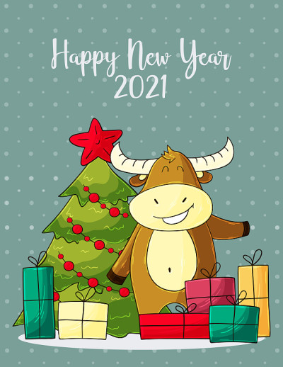 2021新年快乐儿童插画。中国新年牛年2021年