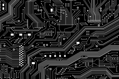 计算机工程。黑白电子主板插图，俯视视图