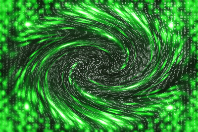 绿色矩阵数字背景。扭曲的网络空间的概念。人物落入虫洞。入侵矩阵。虚拟现实设计。复杂的算法数据黑客。绿
