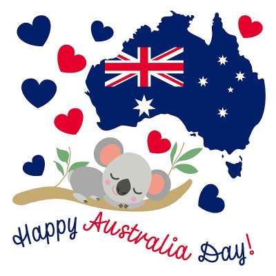 Baby koala sleeping on eucalyptus tree. Flat carto