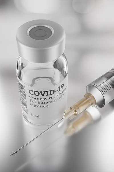COVID-19疫苗瓶和注射器，灰色背景。3 d渲染插图。