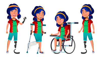 亚洲女孩孩子姿态集向量。高中的孩子。禁用。轮椅。截肢假肢。为横幅，传单，网页设计。孤立的卡通插图