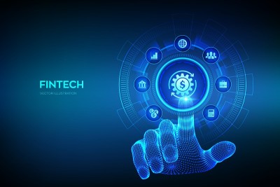 Fintech。金融科技、网上银行和众筹。虚拟屏幕上的商业投资银行支付技术概念。机械手触摸数字界面。