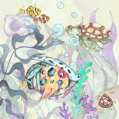 水彩画水下海洋生命异想天开的儿童插图