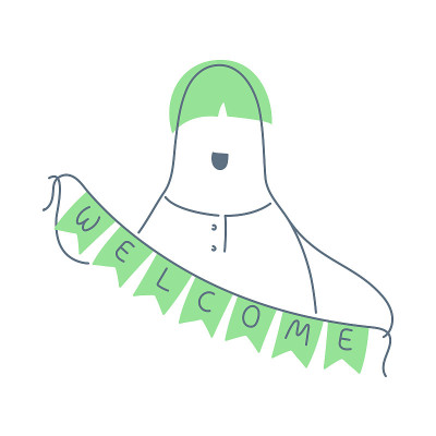 Cute cartoon man holding a flag garland with a wel