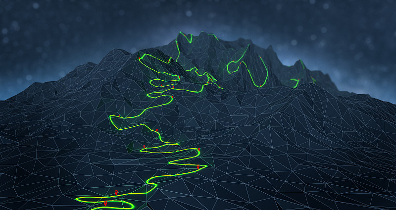 一个蜿蜒的徒步旅行路线概述与路径点的山脉- 3d插图