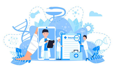 医疗保险矢量概念，人们用医生填写健康在线表格投保。协助代理商计算保险账单。它可以用于登陆页面，ui,