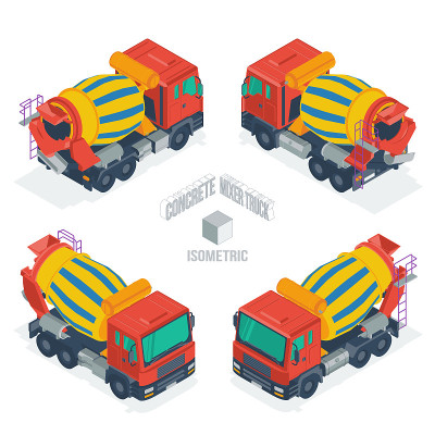 混凝土搅拌车。在白色背景上的平面风格的等距矢量插图。