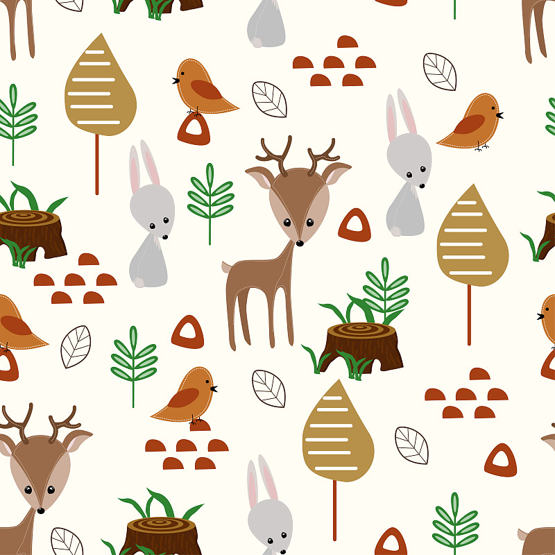 seamless pattern with deer and hare in forest - ve