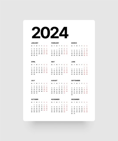 2024年日历。一周从星期一开始。