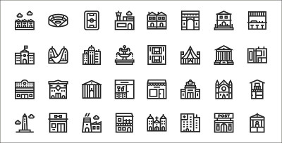 32套城市建筑细轮廓图标，如亭，医院，房屋，方尖碑，大教堂，市政厅，现代房屋，地板，现代房屋