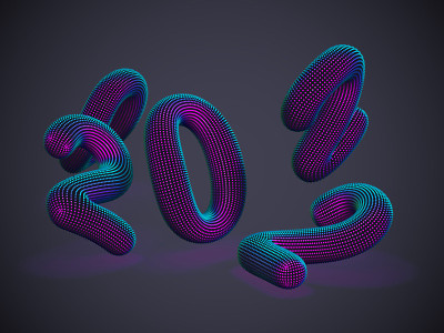 在灰色背景上分散的3D霓虹数字。由发光的圆点组成的浮动数字。