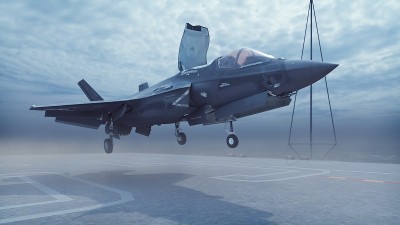 F-35战斗机从航空母舰垂直起飞。三维渲染