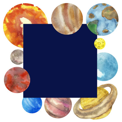 水彩手画无生命的自然组成与水星，金星，地球，火星，木星，土星，天王星，海王星和太阳行星和恒星在白色的