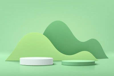 抽象的白色和绿色现实的3D圆筒底座裙台设置绿色层波浪背景。产品展示的粉彩最小场景。矢量渲染几何平台设