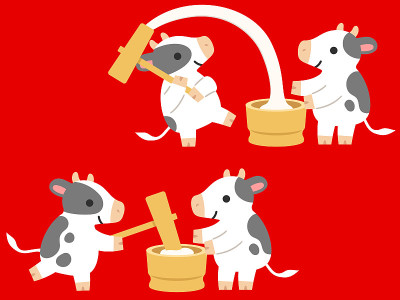 Illustration set of cows making rice cakes for the