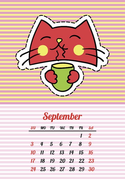 日历2017与猫。9月。八九十年代的卡通漫画