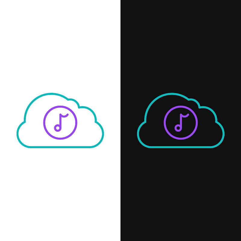 绿色和紫色线音乐流媒体服务图标孤立在白色和黑色的背景。声音云计算，在线流媒体，在线歌曲，音频波。矢量