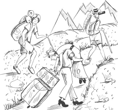 漫画。疲惫的旅行者爬山。