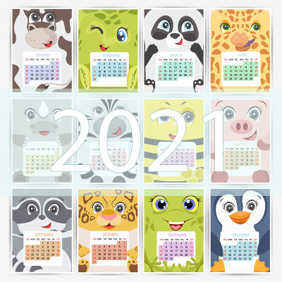 可爱月历2021与牛，龟，熊猫，长颈鹿，犀牛，斑马，蜜蜂，猪，青蛙，企鹅，浣熊，豹。矢量图