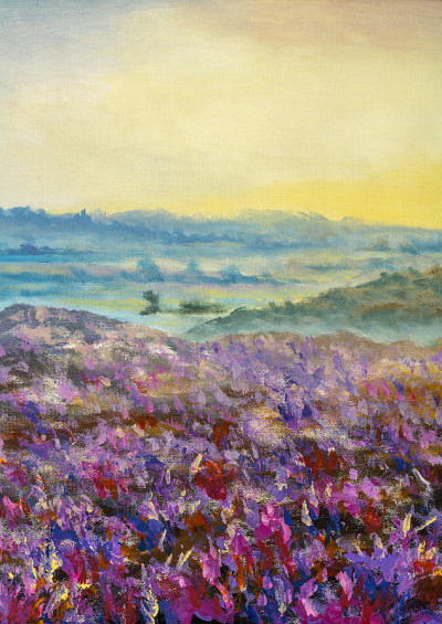 垂直油画紫色的花在雾蒙蒙的山在黎明日落风景在画布上现代印象派艺术作品