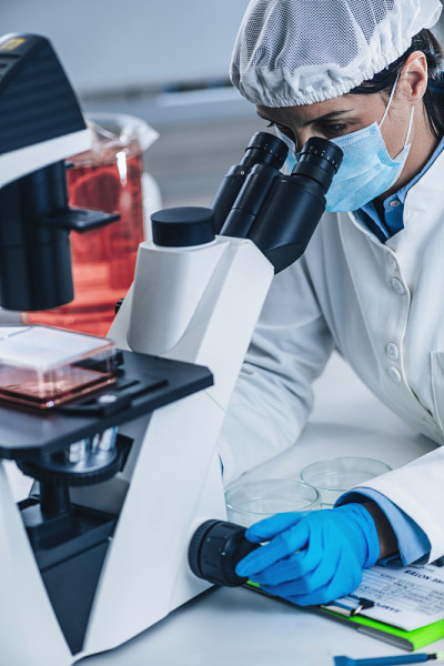 科学家在实验室显微镜下分析人工培养的肉样品