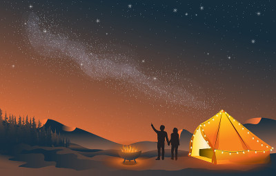 豪华野营夫妇在火坑边看星星