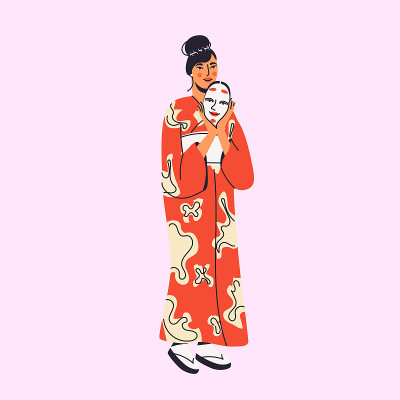 女性成年人在国家日本和服长袍与能字面具平面卡通插图。